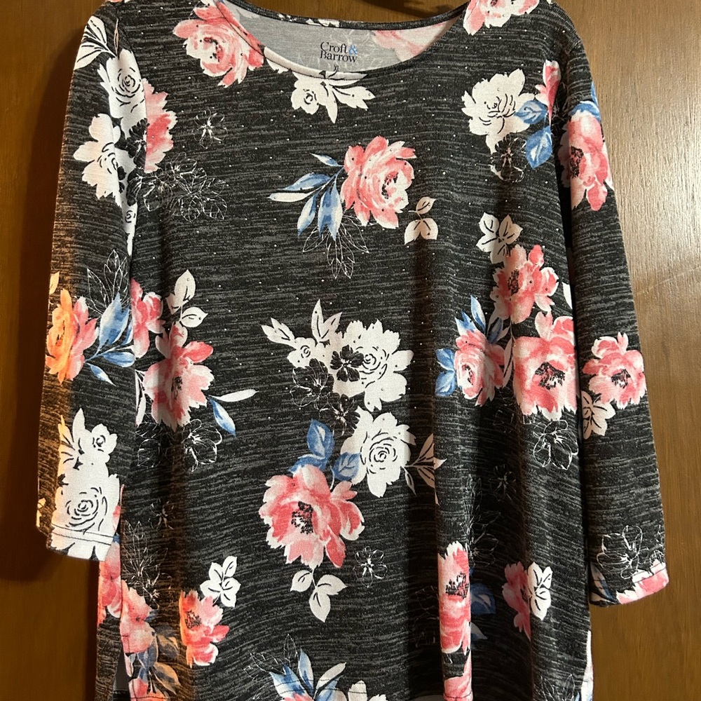 Croft & Barrow Floral Long Sleeve Top - Black and Pink